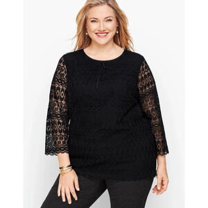 Talbots Petite Black Geometric Floral Lace Top Sheer Sleeve Lined Zip Party LP